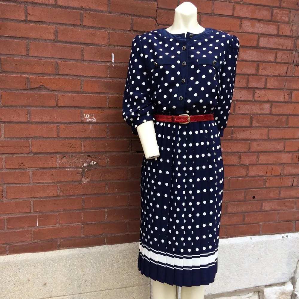 Vintage 80s Classic Navy Polka Dot Dress - Picture 1 of 6